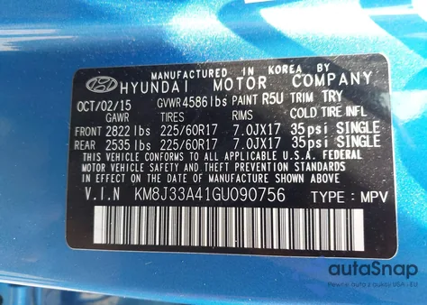 2016 Hyundai Tucson Se from USA, damaged, VIN KM8J33A41GU090756